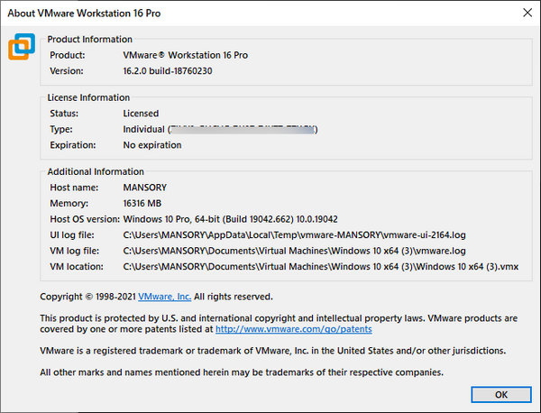 VMware Workstation Pro 16.2.0 Build 18760230
